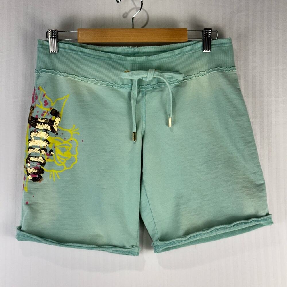 Juicy Couture Y2K Mint Green Sequined Distressed Long Shorts Grunge Size Medium